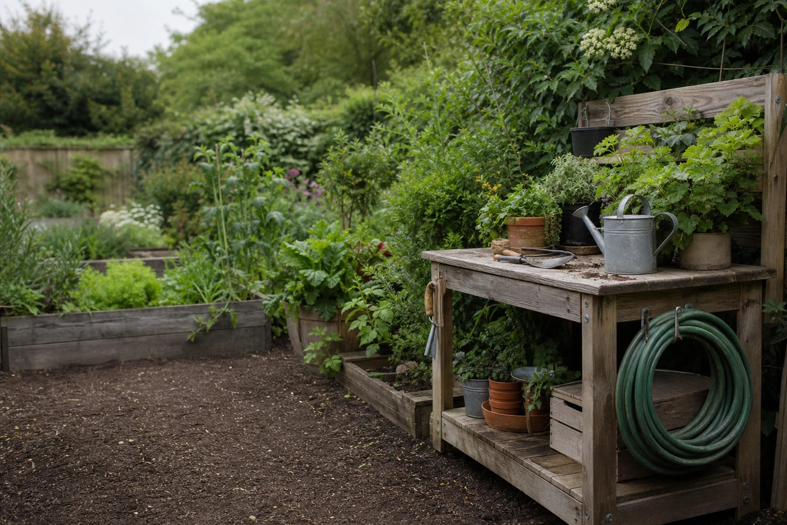 A well-tended garden with hand tools, raised beds, irrigation and hedges